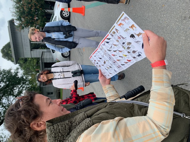 Brandeis faculty member Rosalind Kabrhel and Brandeis undergraduates Nemma Kalra and Adah Anderson preparing to look for birds.