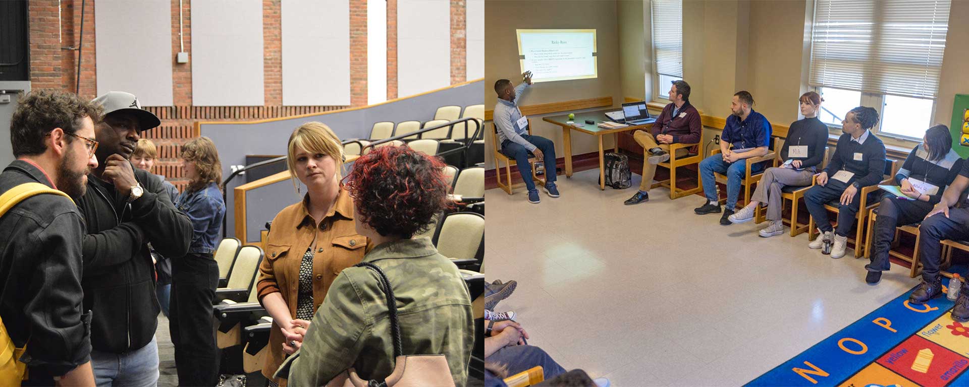 Two images: one of BEJI folks deep in conversation, and one of students both incarcerated and not taking a course together inside a correctional facility..