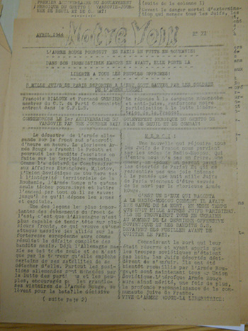 yellowed page of "notre voix"