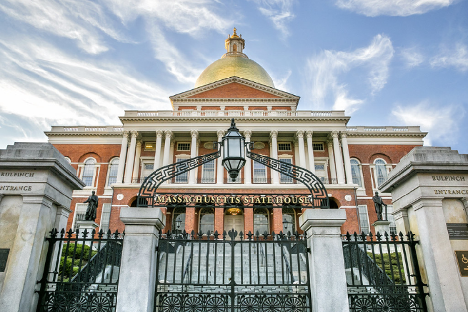 The Massachusetts State House, located in Boston, MA.