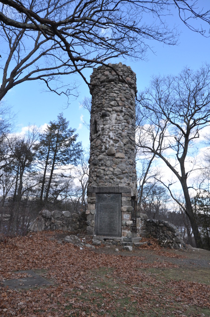 Norumbega Tower in Weston, MA. The tower is constructed of grey stones of different towers.