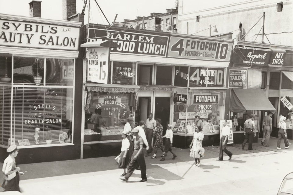 View of Harlem storefronts, 1939