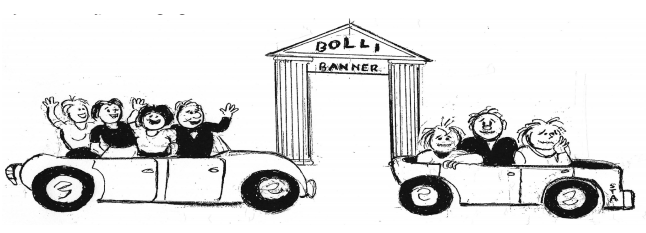 Sketches of BOLLI Banner members driving in two convertible cars.