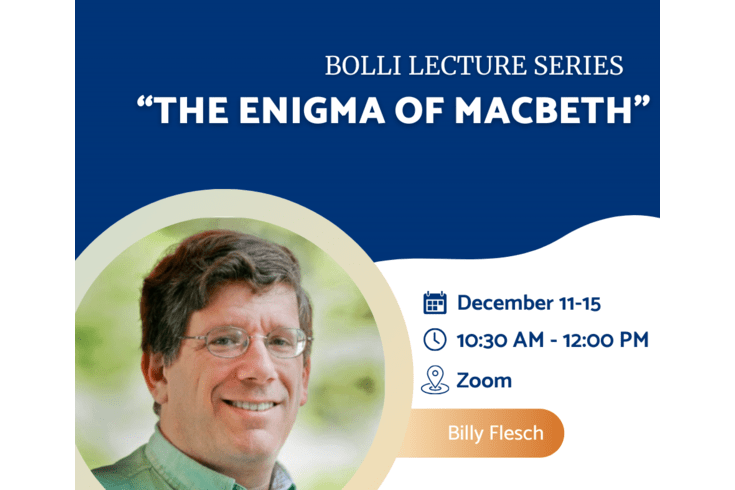 Event banner: the enigma of macbeth, a picture of professor flesch smiling at the camera 