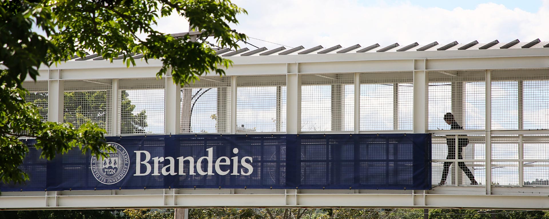 Banner over squire bridge on South street using the Brandeis logo and seal