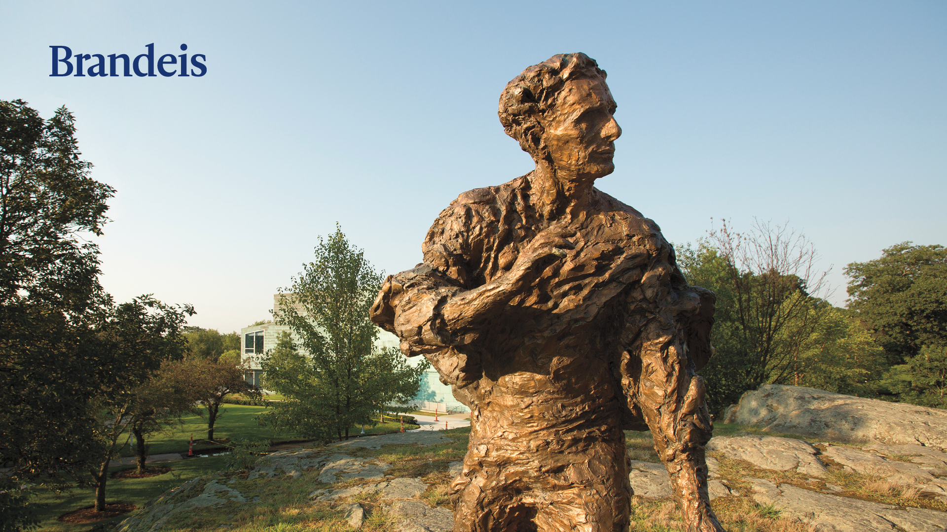 The Louis Brandeis statue overlooking campus