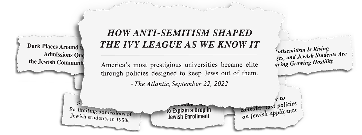 Several headlines about antisemitism on torn pieces of paper. The top one reads, "How antisemitism shapes the Ivy League as we know it." 