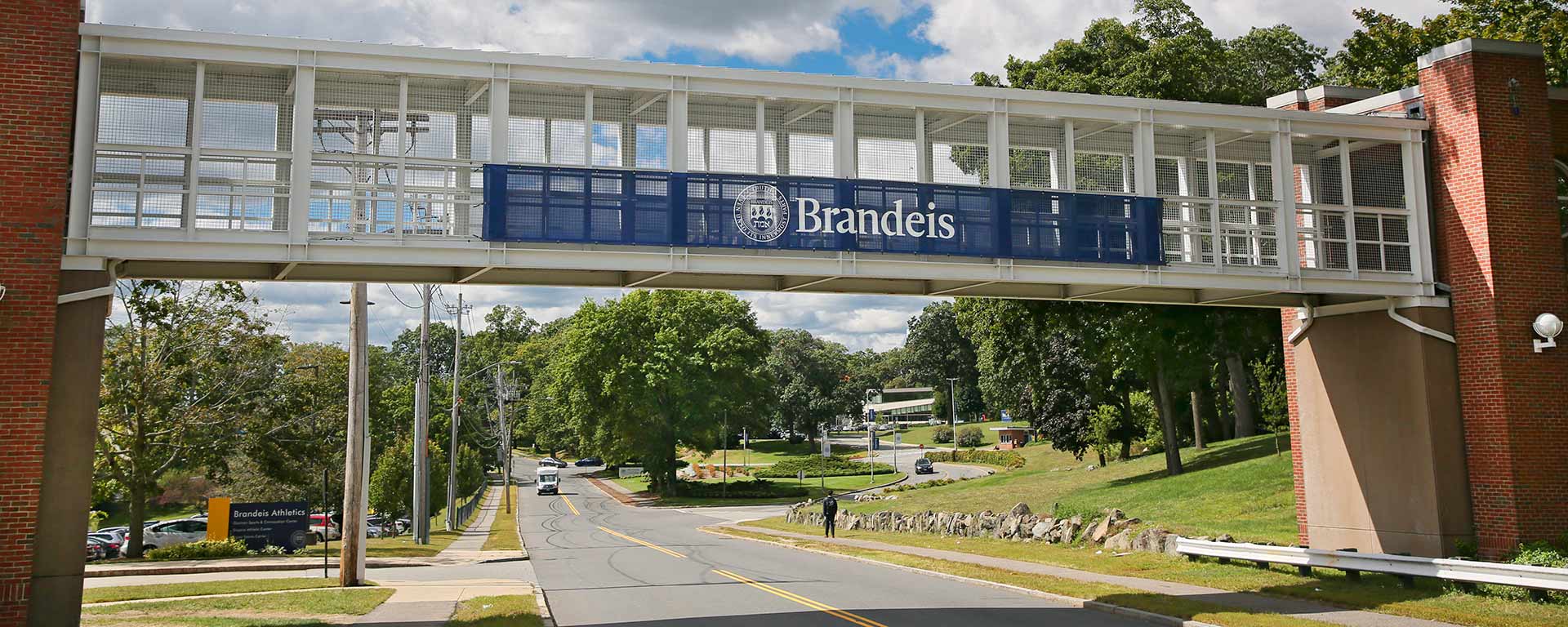 Squire Bridge with Brandeis banner on a sunny day