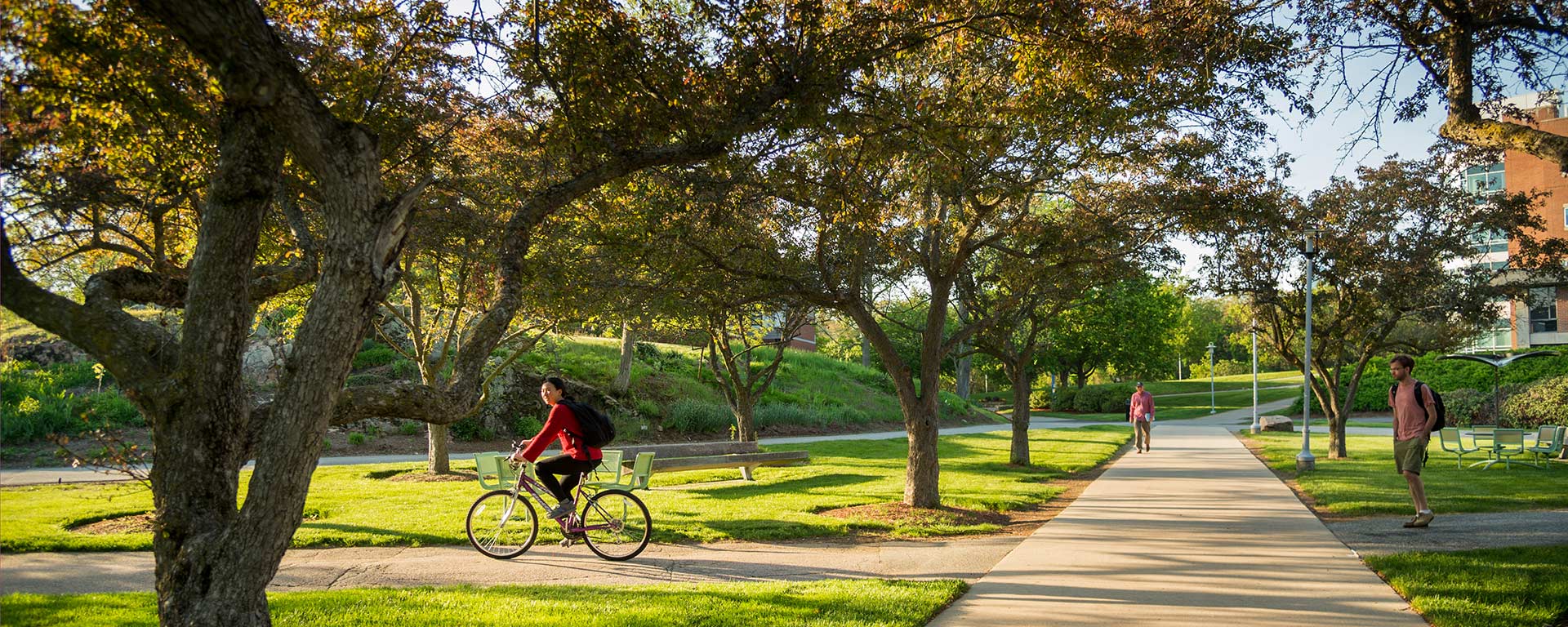 Trees and paths on campus, two students walking at a distance, one student riding a bike