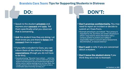 Brandeis Care Team: Tips for Supporting Students in Distress DO: Speak to the student privately and express your concern and care. Tell them specifically what you observed that is concerning.  Ask the student how they are doing. Let them know you are there to listen and connect them to support. If you refer a student to Care, you can inform them of the referral to help set expectations (though you do not have to do this). Example phrasing: “Recently I have noticed ___ which has made me concerned for you. I want to make sure you have support and resources to be successful personally and in school, and so I will be reaching out to our Care Team. You may get outreach from a member of that team to have a conversation about how they can help you.” DON'T: Don’t promise confidentiality. You may need to report an incident or decide to submit an I Care Form. Example phrasing to use instead: “Your privacy is important to me, but there are certain situations in which I may need to share information with a campus partner to protect your safety or responsibly report a concern about harassment, discrimination, or sexual violence.” Don’t wait to refer if you are concerned about a student. Don’t leave the student alone if you think they are a risk to themself.