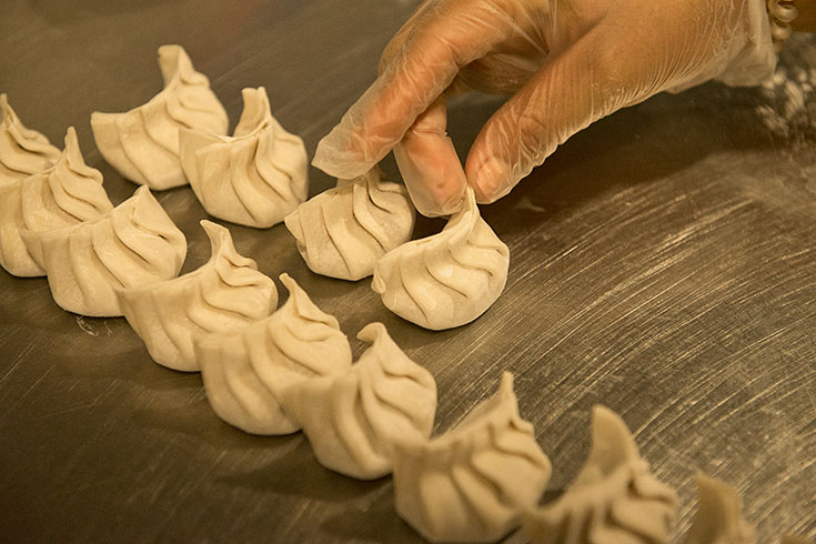 Closeup of hands organizing dumplings on a sheet