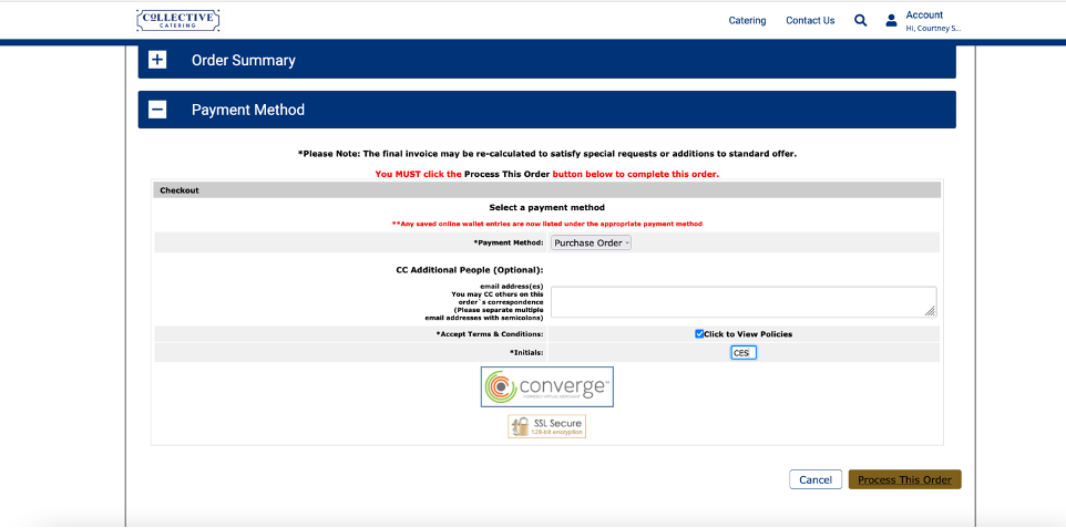 Processing order screen