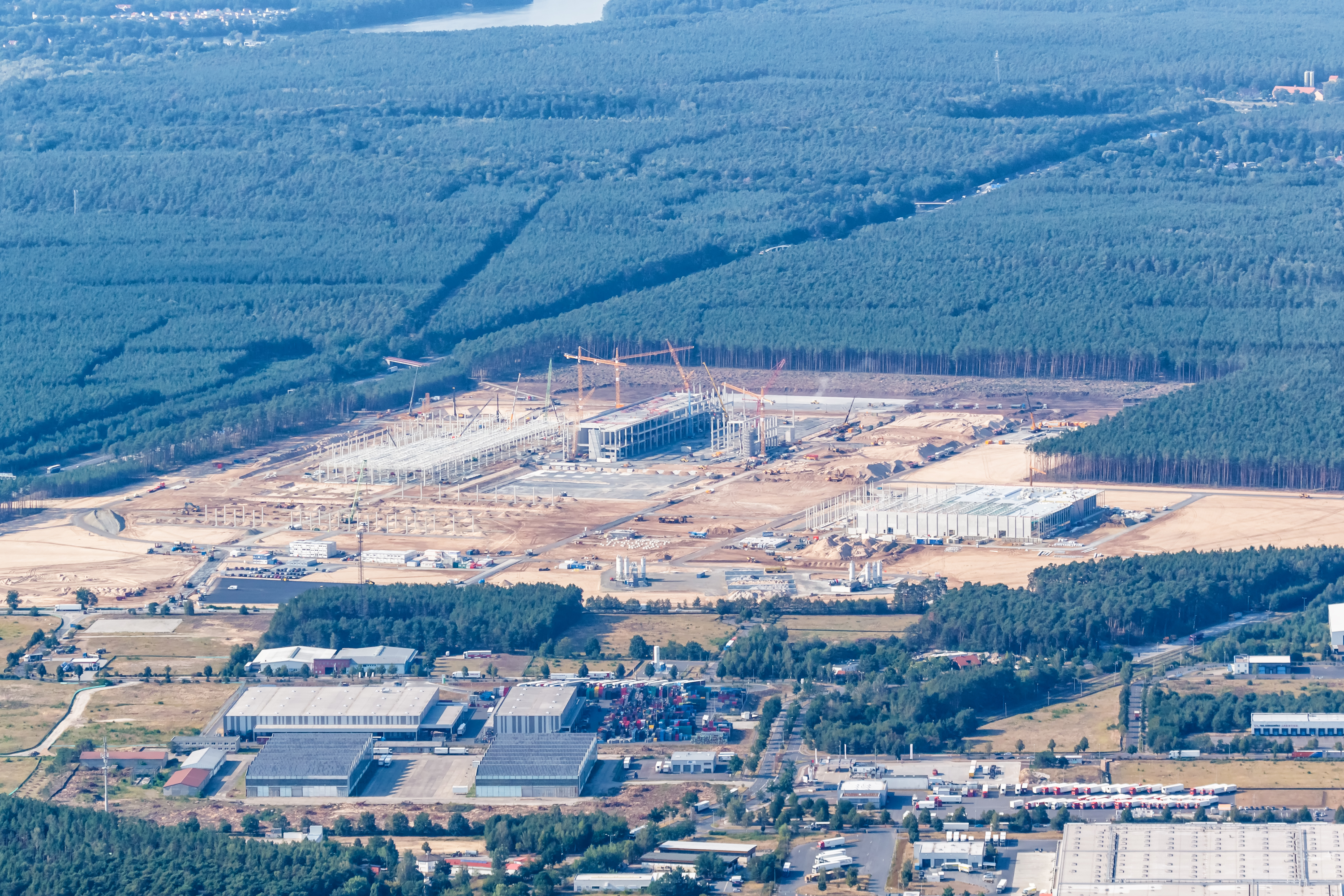 Berlin, Germany - August 19, 2020: Tesla Gigafactory Berlin Brandenburg Giga Factory construction site aerial view photo in Germany.