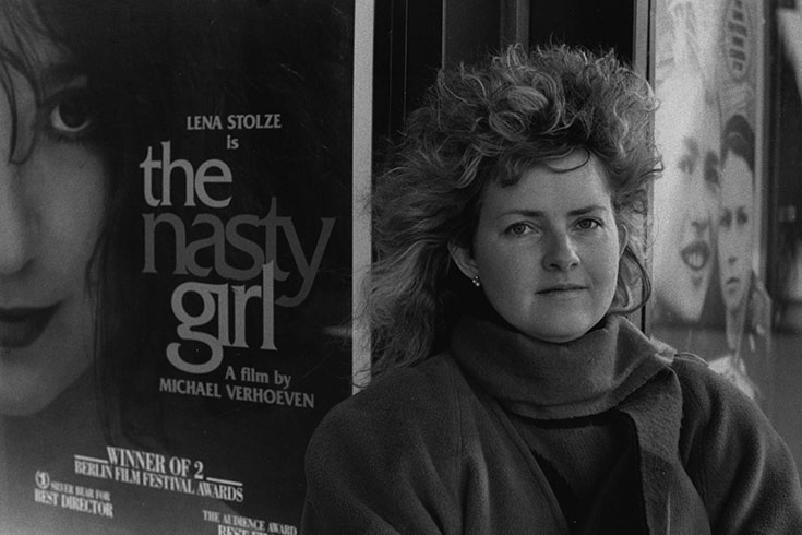 Anna Rosmus in front of the film poster for "Nasty Girl"