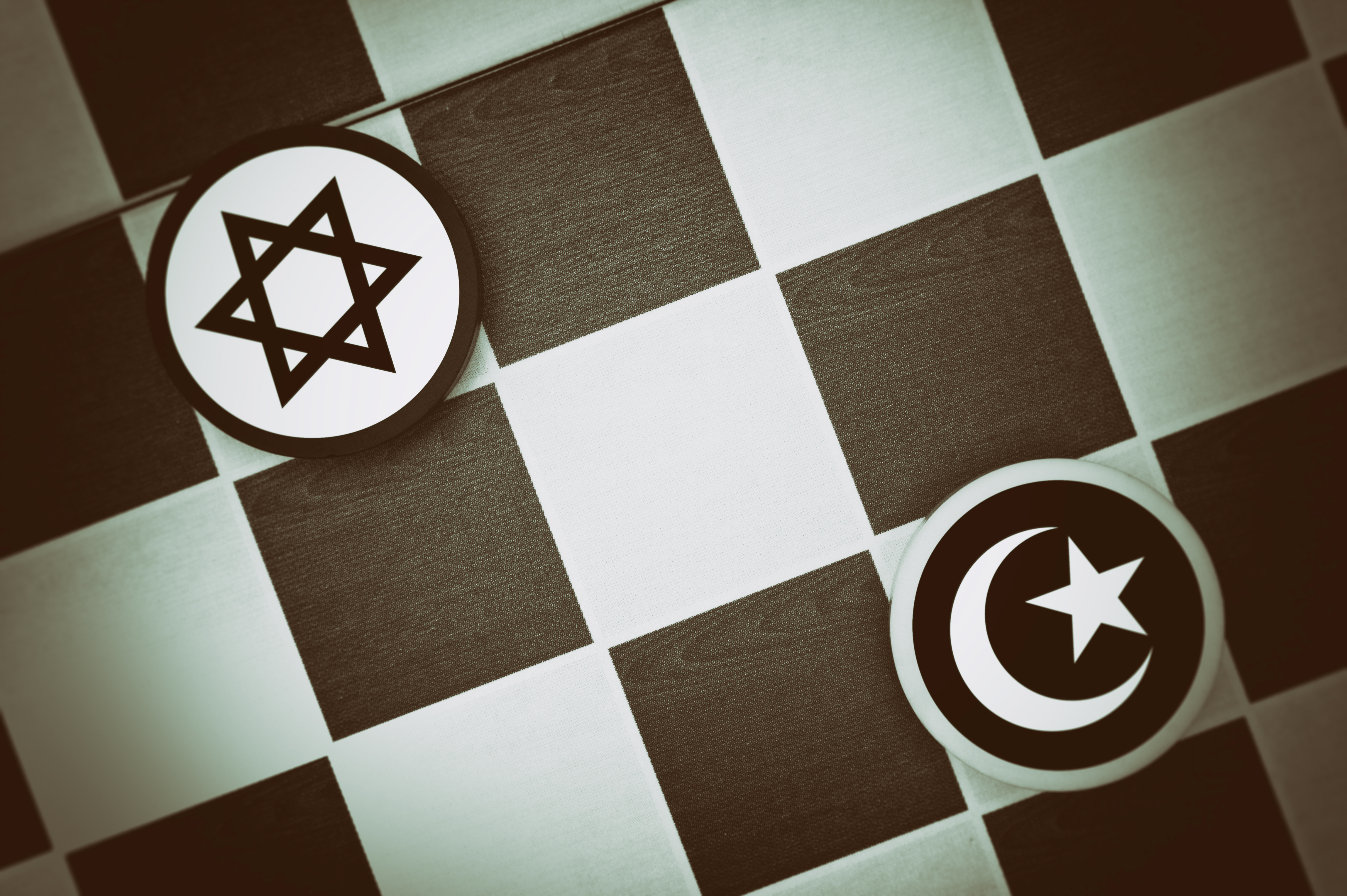 Draughts (Checkers) - Jadaism vs Islam - religious tension and conflict between two monotheistic religions and believers, jews and muslims