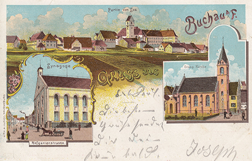 Pastel painting of a German town with a church and 2 other buildings and writing as a watermark in the background.