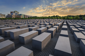 Image of a downtown square in Frankfurt at sunset