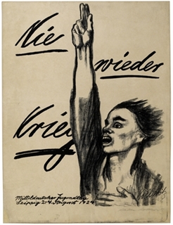Art depicting a person and the words 'Never Again' in German