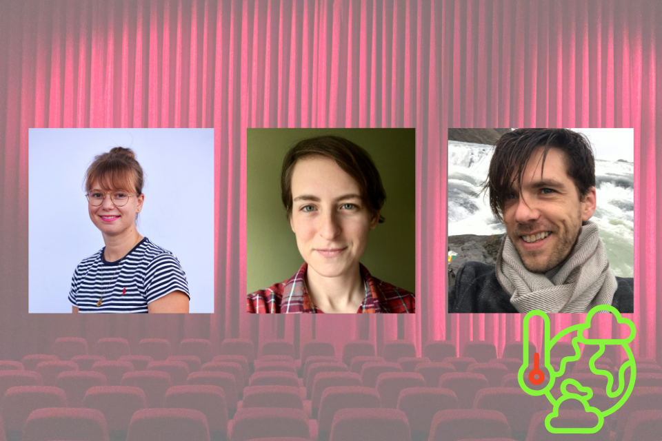 3 head shots of smiling speakers with the backdrop of a theater