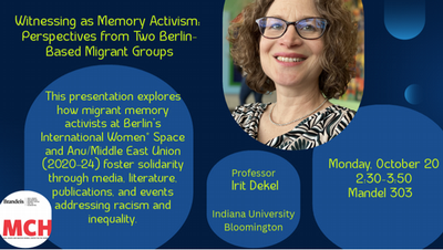 Blue poster with yellow text and a picture of Irit Dekel smiling
