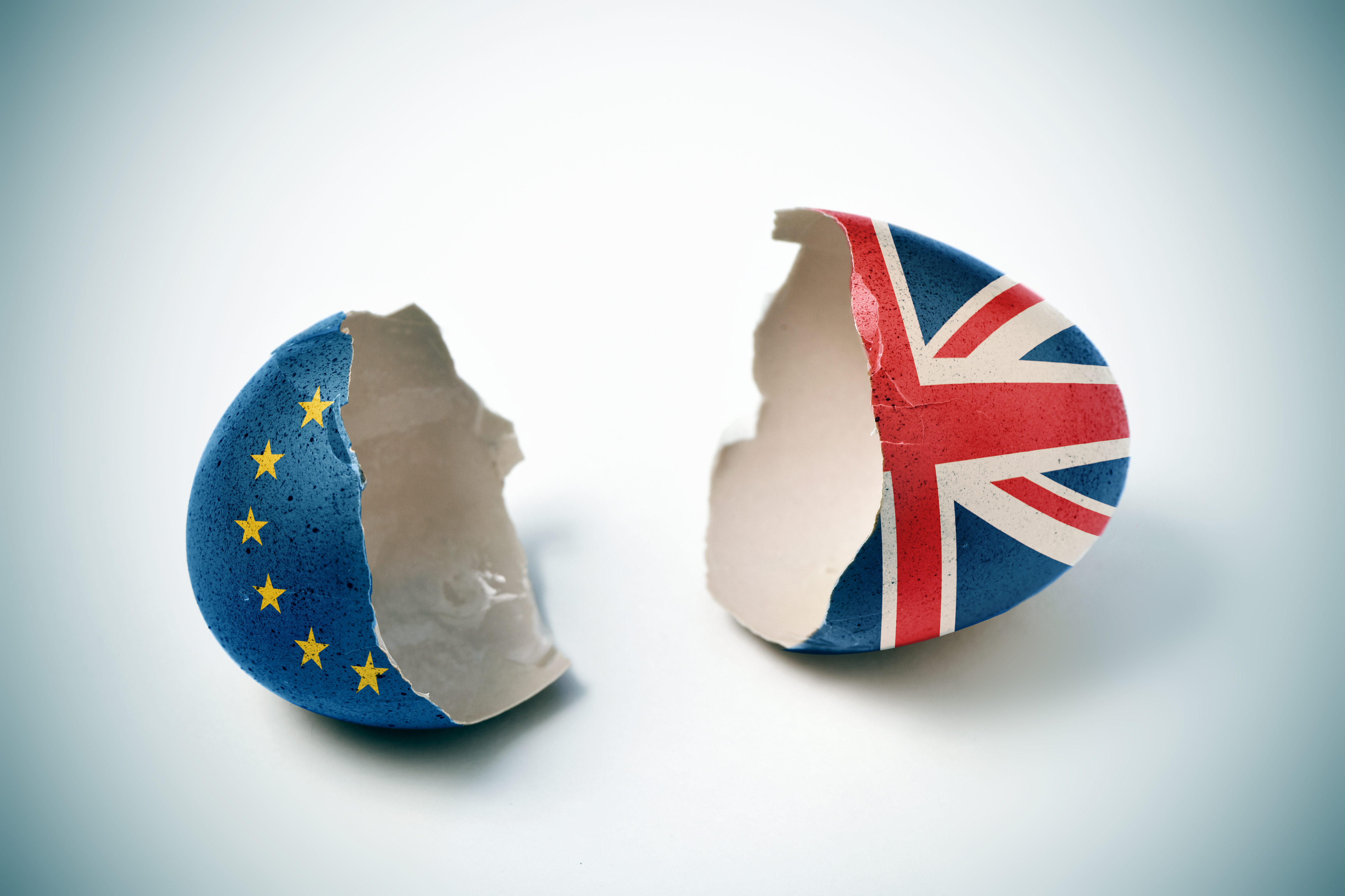 Two halfs of broken egg shell painted with European and British flag