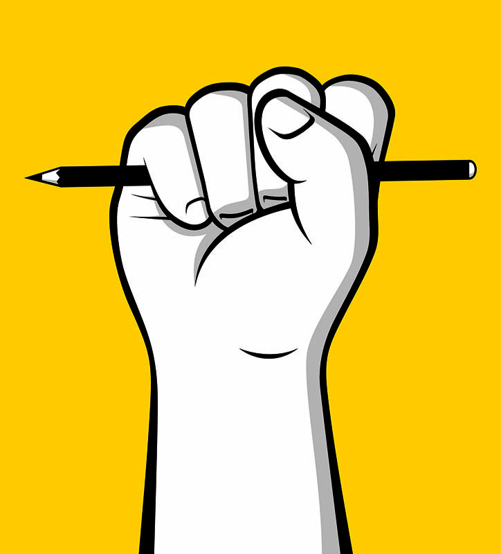 Raised fist holding a pen