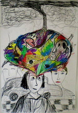 Black and white photo of a woman in a wheelchair with a star and a wheelchair symbol on it