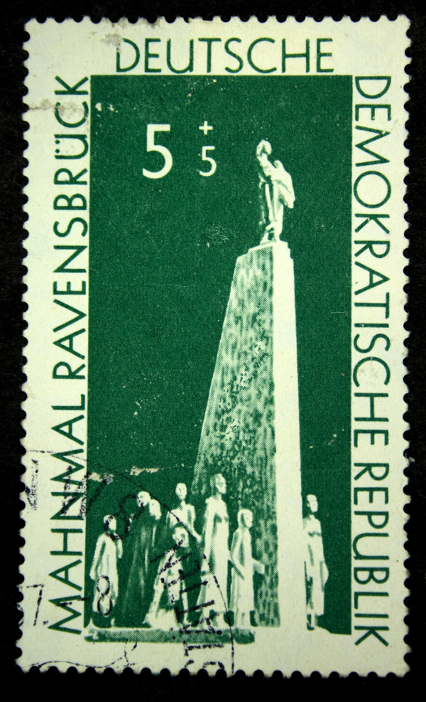 stamp printed by GDR (East Germany) shows monument in the concentration camp Ravensbruck, circa 1950
