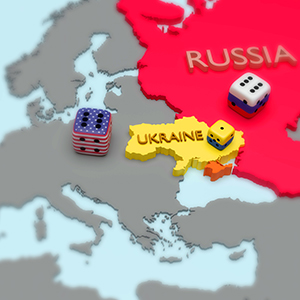 Map of Europe with dice on top and flags of USA, Russia, and Ukraine