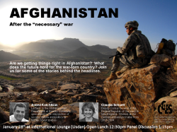 Event poster for "Afghanistan, after the 'necessary' war." Text reads: Are we getting things right in /Afghanistan? What does the future hold for the war-torn country? Join us for some of the stories behind the headlines.