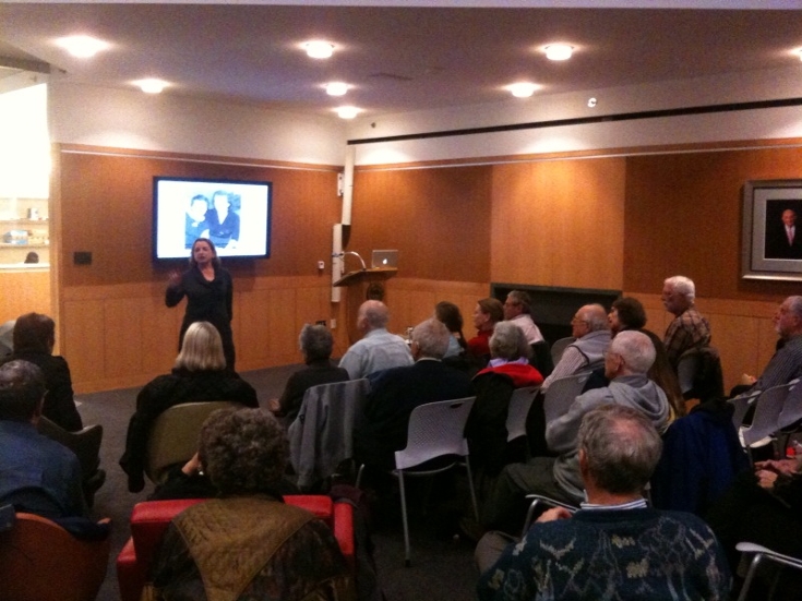 Uta Larkey speaking to the audience at Brandeis