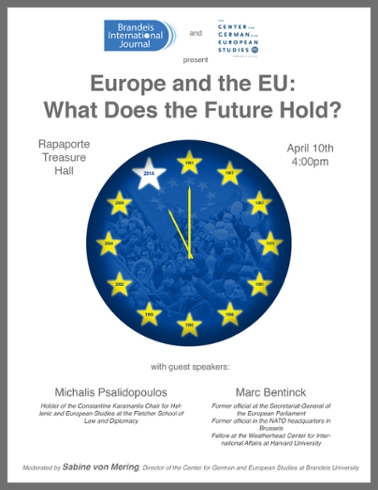 Event poster with illustration of a clock that has stars instead of numbers. A photo of a crowd is superimposed on the clock's blue background. Text reads: Europe and the EU: What do the future hold? with guest speakers Michalis and Marc Bentinck. Moderated by Sabine von Mering.