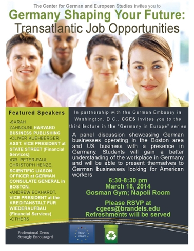 Event poster for: "Germany in Europe — Campus Week, Part III: 'Germany Shaping Your Future: Transatlantic Job Opportunities.''” Photo is of 2 young men and 2 young women in business attire.