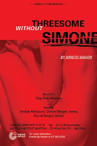 Event Poster with a photo of a nude woman crouching. Text reads: "Threesome Without Simone.  By Kristo Sagor. Directed by Guy Ben-Aharon. 