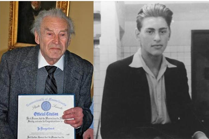 Two photos of Edgar Krasa:  as a young man and as an old man.