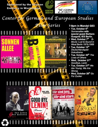 Event poster for the German Film Series.  There is a movie poster for each of the films in the series, placed in a frame of film with sprockets above and below. 