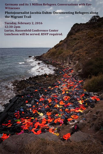 Event poster with a photograph of a narrow path covered in red flowers, with the sea on one side, and mountains on the other. Text reads: "Germany and its 1 Million Refugees. Conversations with eyewitnesses. Photojournalist Jacobia Dahm: Documjenting refugees along the Migrant Trail."