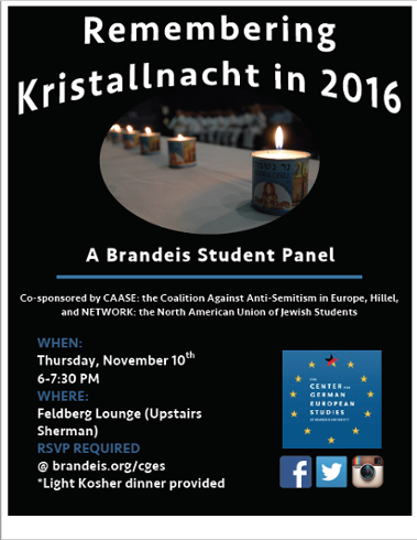 A flyer with a photo of memorial candles in a row. White text on a black background rads: "Remembering Kristallnacht in 2016. A Brandeis Student Panel."