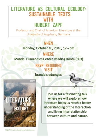 Poster with an illustration of a tree in the background, a bird and the guest speaker's book cover. Text reads: Literature as cultural ecology: sustainable texts with Hubert Zapf, Professor and Chair of American Literature at the University of Augsburg, Germany. Join us for a fascinating talk where we will explore how literature helps us reach a better understanding of the interaction and living interrelationship between culture and nature. Book cover has a photo of a mountainous landscape.