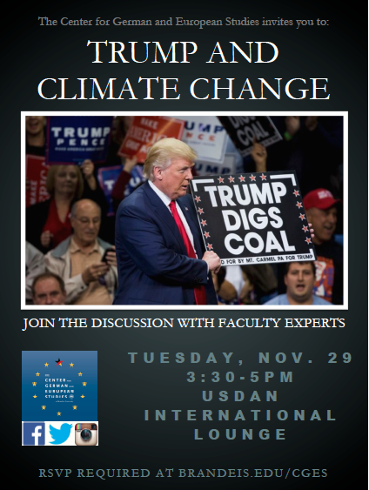 Poster with a large photo of Trump at a campaign rally holding a sign that says "Trump Digs Coal." Text reads: the Center for German and European Studies invites you to "Trump and Climcate Change.  Join the discussion with Faculty Experts. 