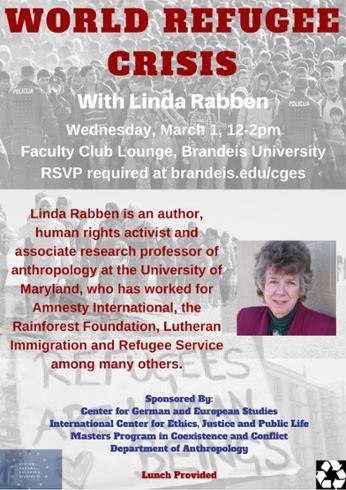 Poster titled "World Refugee Crisis" with Linda Rabben. Background photo in the upper half is of a large group of refugees facing police whose shirts say "Policia." The lower background photo is of refugees wearing burkas and a sign in front that says "Refugees are human beings." There is also a color photo of Linda Rabben alongside the textx..
