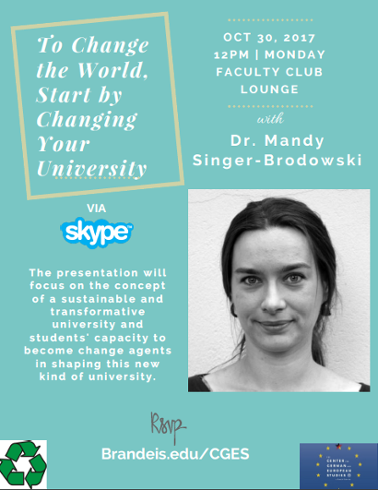 Green poster with white text that says: "To Change the World, start by changing your university." The presentation will focus on the concept of a sustainable and transformative university and students' capacity to become change agents in shaping this new kind of university. With Dr. Many Singer-Brodowski." There is a photo of the speaker as well.