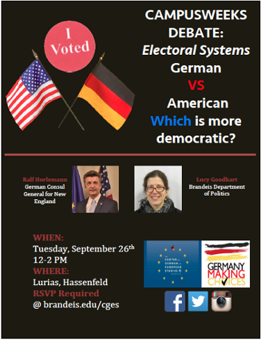 Event poster with text that reads: "Campusweeks Debate: Electoral Systems German vs. American. Which is more democratic? Ralf Horlemann, German Consul General for New England, with his photo, and Lucy Goodhart, Brandeis Department of Politics, with her photo.