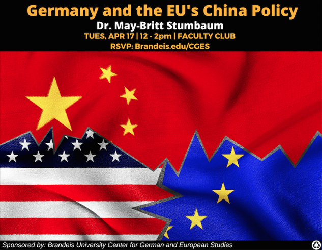 An illustration incorporating fragments of the EU, China and American flags. Text reads: Germany and the EU's China Policy. Dr. May-Britt Stumbaum.