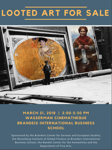 Event poster with a photo of a security guard standing in front to two very large paintings that are leaning against the wall. One of them is by artist Klimt. Poster text reads: "Looted Art for Sale."