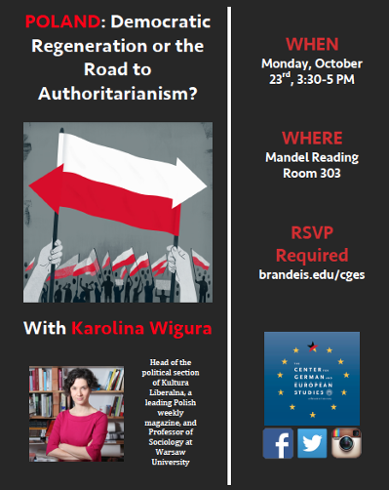Black, white and red event poster. Text reads: "Poland: Democratic Regeneration or the road to authoritarianism? With Karolina Wigura, head of the political section of Kultura Liberalna, a leading Polish weekly magazine, and Professor of Sociology at Warsaw University. There is an illustration of a crowd holding the Polish flag. In the front are two hands holding a modified version of the Polish flag in which each strips has an arrow at the end pointing in opposite directions. There is also a photo of the speaker, Wigura.
