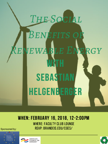 Event poster with a silhouette of a father holding the hand of a toddler as they walking towards the horizon, past a windmill. Text reads: The Social Benefits of Renewable Energy with Sebastian Helgenberger
