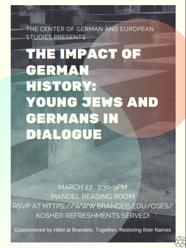 Event poster with text: The Center of German and European Studies presents "The Impact of German History:  Young Jews and Germans in Dialogue". There is a black and white photo of architectural forms with a green and orange overlapping circles superimposed.