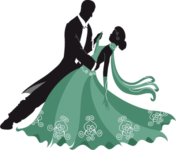 A clip art couple in formal wear dance with each other.