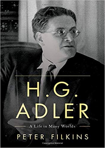 Cover of book: H.G. Adler: A Life in Many Worlds. Peter Filkins. Background image is a black/white image of HG Adler.